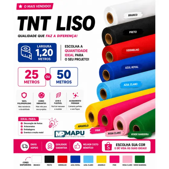 TNT Liso 1,20m com 25 ou 50 metros - Diversas Cores