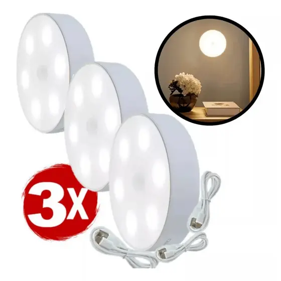Kit 3 Lâmpada de Parede com Sensor de Movimento de 8 LEDs Recarregável por USB