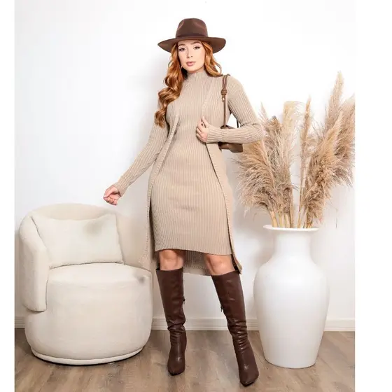 Conjunto Tricot Inverno Vestido e Casaco Inverno Casual Moda Evangélica Roupa Feminina Elegante