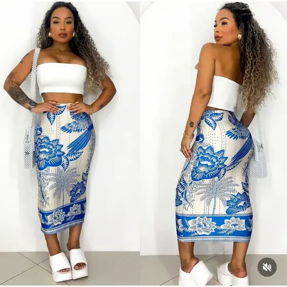 SAIA MIDI - saia feminina midi estampa arara azul tedencia moda blogueira midy feminino moda acinturada
