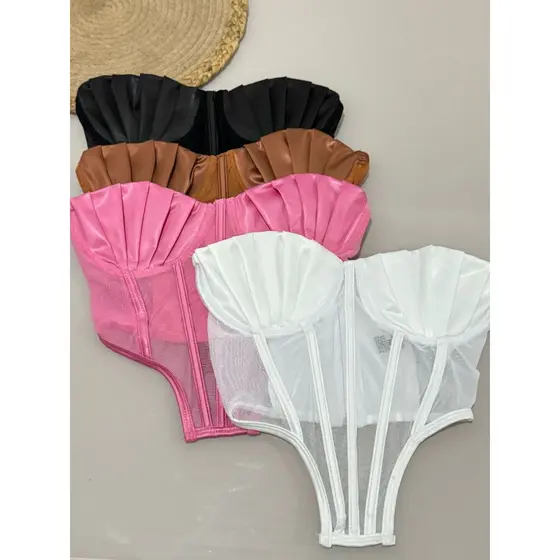 Corselet Kelly em Tule com Cirrê Acetinado, Barbatanas, Aro de Sustentação e zíper atrás Blusa tomara que caia feminina