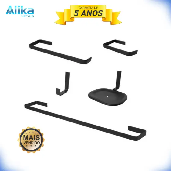 Kit Acessórios Para Banheiro Quadrado Completo 5 Peças Preto Com Saboneteira Luxo