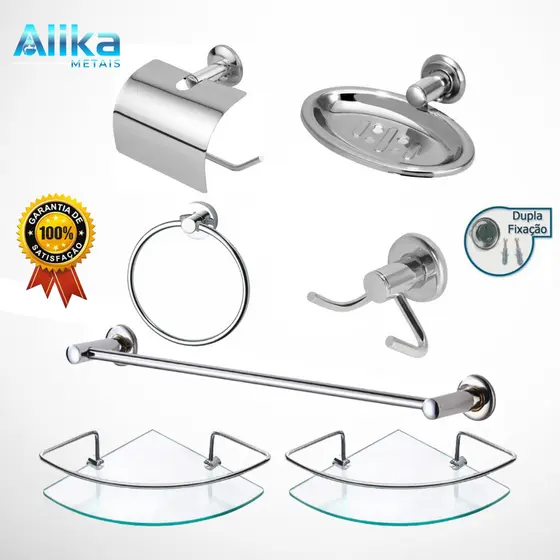 Kit Acessórios Banheiro Inox 5 Peças Com 2 Porta Shampoo Canto vidro