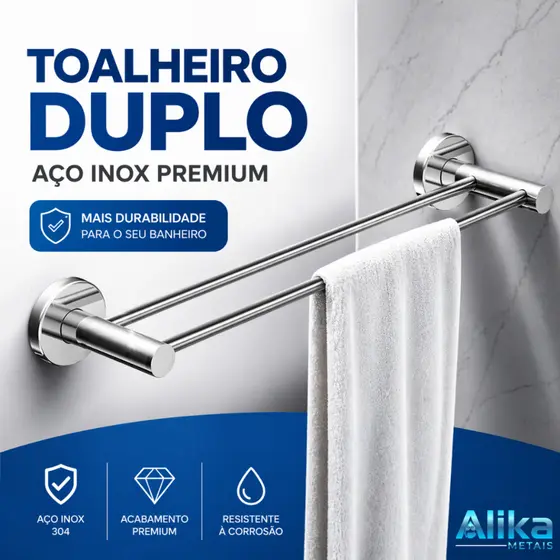 Porta Toalhas De Banho Duplo Aluminio E Aço Inox Para Banheiro Parede