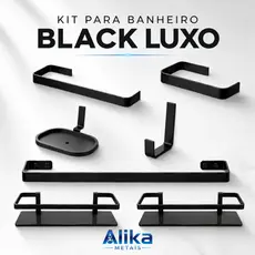 Kit 7 Acessórios Quadra Preto Luxo Completo + 2 Porta Shampo Reto Para Banheiro E Lavabo
