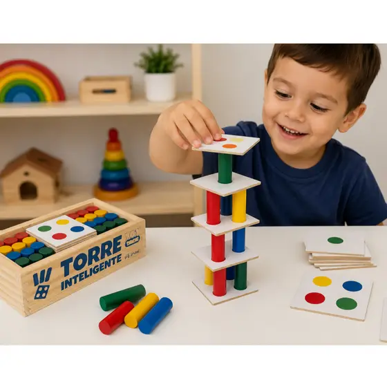 Jogo Torre Inteligente Toy Trade 34 Peças de Madeira para Coordenação e Lógica Infantil Empilhar