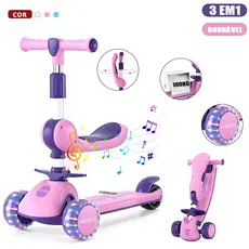 Patinete infantil 3 em 1 Assento dobrável e removível com LED e música suporta até 100 kg P15