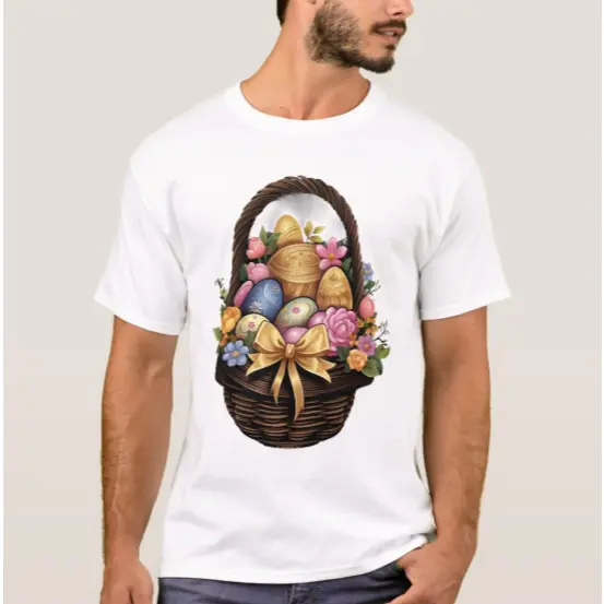 Camiseta Páscoa Dia Páscoa Cesta de Ovos Coloridos Flores 100% Algodão