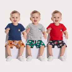 Conjunto Bebê Menino Camiseta Meia Malha e Bermuda Tactel Estampa Esportiva 3 a 12 Meses