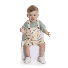 Jardineira Infantil com Body Manga Longa e manga curta – Tecido Macio, Estampa Safari, Verde e Off/Azul, Tam P M e G