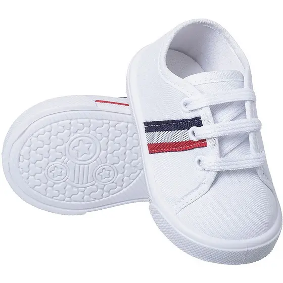 Tênis Infantil Menino Branco Listra Azul Confortável Antiderrapante Passeio Estilo Primeiros Passos