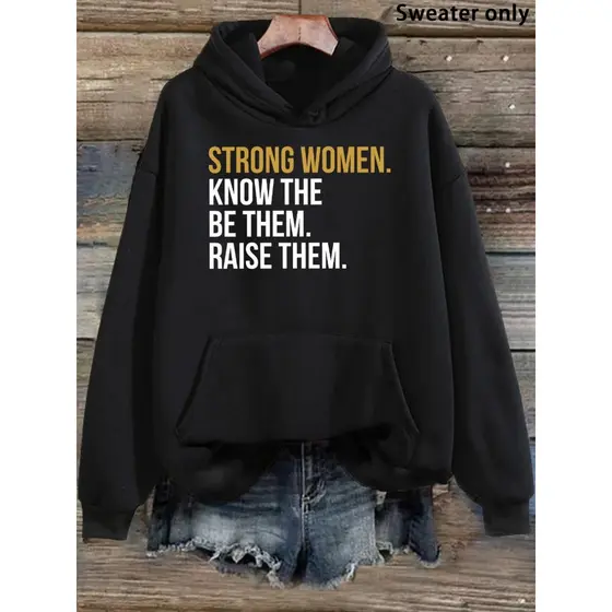 Moletom com capuz estampado gráfico ``Strong Women´´ e cordão, blusa de moletom casual Unisex no inverno e outono