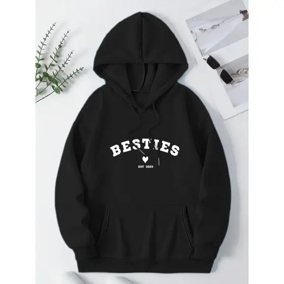 Moletom Feminino 'Bestie' com Estampa - Pulôver Casual com Bolso Canguru, Manga Longa, Mistura de Poliéster, Lavável à M