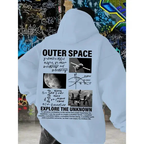 Blusa De Frio Canguru Com Capuz Moletom Feminino Larguinho Estampado ´´Outer Space`` para outono/inverno unisex