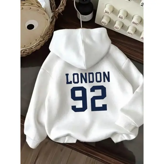 Moletom casual Unisex com estampa de letras "LONDRES" - Cordão, manga comprida, poliéster, conforto para todas as estaçõ