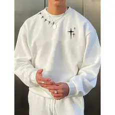Moletom Masculino Preto de Ajuste Relaxado com Estampa de Estrela e Cruz Branca - Pulôver Casual de Manga Longa