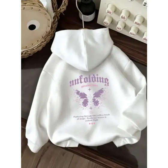 Moletom Casual Feminino com Capuz e Estampa Gráfica - Borboleta & Design "Untolding", Cordão Ajustável, Bege Suave, Lavá