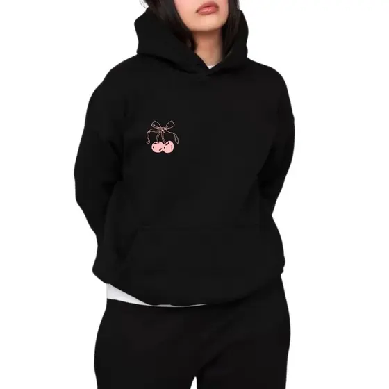 Blusa De Frio Canguru Com Capuz Moletom Feminino Larguinho Estampado Cereja Com Laço Cherry