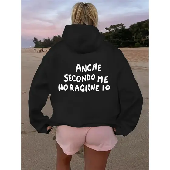 Moletom com capuz estampado gráfico ``Anche Secondo Me Ho Regione Io´´ e cordão, blusa de moletom casual Unisex no inver