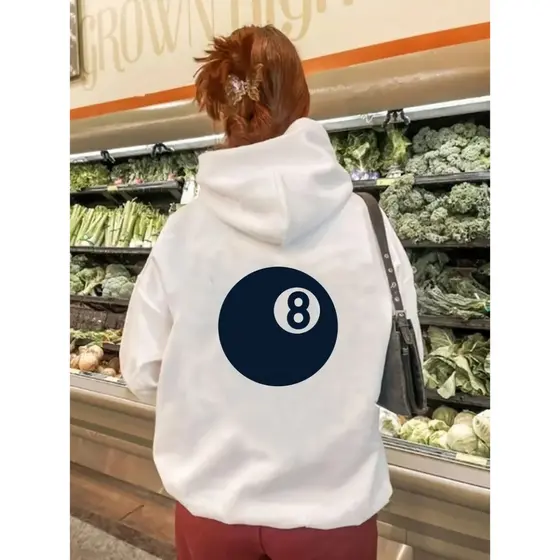 Moletom com Capuz Gráfico de Bilhar Casual Feminino - Poliéster Branco, Moletom com Capuz e Cordão com Bolso Frontal