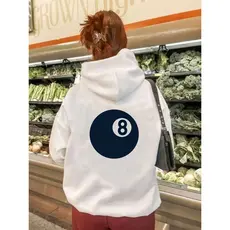 Moletom com Capuz Gráfico de Bilhar Casual Feminino - Poliéster Branco, Moletom com Capuz e Cordão com Bolso Frontal