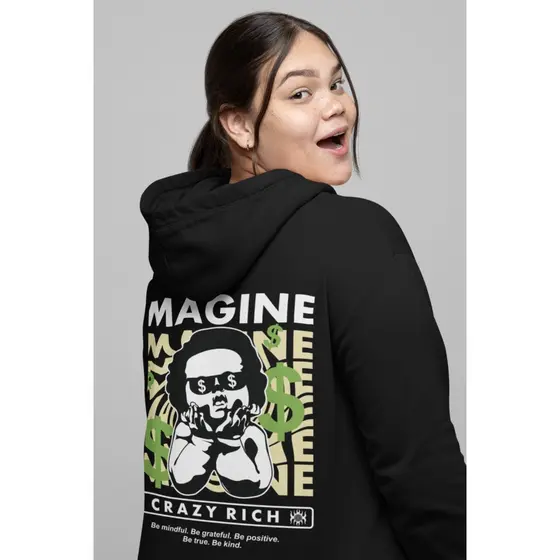 Moletom com capuz estampado gráfico ``Imagine Crazy Rich´´ e cordão, blusa de moletom casual Unisex no inverno e outono