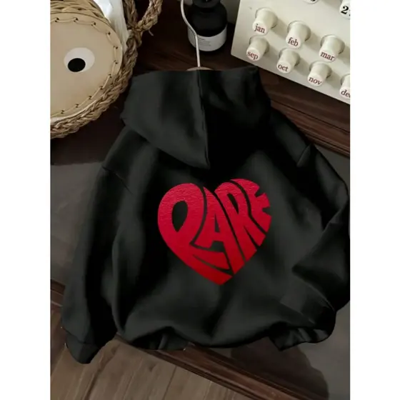 Moletom Casual "RARE" Gráfico Hoodie - Cordão Capuz com Coração Design, Macio Poliéster Tecido, Perfeito para Casual Ves