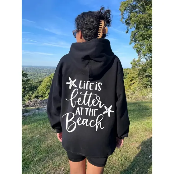 Moletom com capuz estampado gráfico ``Life Is Better At The Beach´´ e cordão, blusa de moletom casual Unisex no inverno