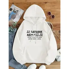 Moletom casual Unisex com estampa JJ Maybank, 100% tecido de malha de poliéster, detalhe de aplique, moletom com capuz