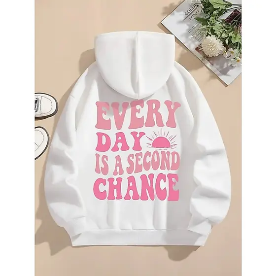 Moletom Unisex "Cada Dia é uma Segunda Chance" - Hoodie Casual Branco de Poliéster com Letras Rosa, Cordão & Lavável à M