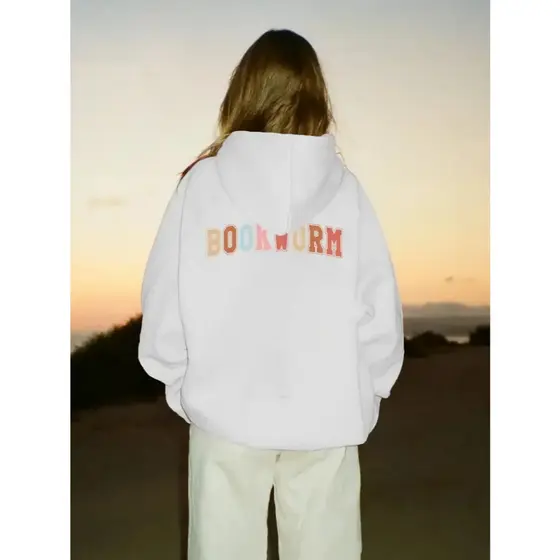 Moletom com Capuz Unisex na Moda -Pulôver Casual com Estampa de Letras "BOOKWORM", Capuz com Cordão e Bolso Frontal, Tec