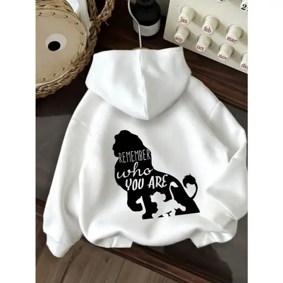 Moletom com capuz com gráfico de leão "REMEMBER WHO YOU ARE" - Sweatshirt casual com cordão, design de desenho animado b