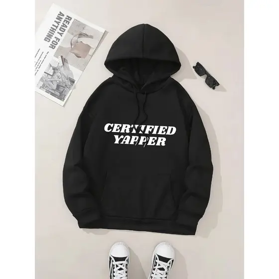 Moletom com capuz estampado gráfico ``Certified Yapper´´ e cordão, blusa de moletom casual Unisex no inverno e outono