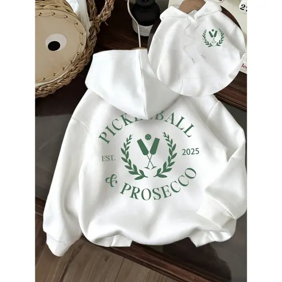 Moletom com capuz estampado gráfico ``Pickleball & Prosecco´´ e cordão, blusa de moletom casual Unisex no inverno e outo