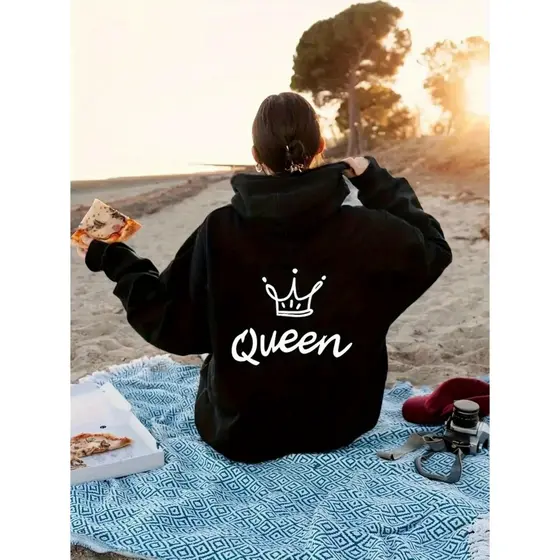 Moletom com capuz estampado gráfico ``Quenn´´ e cordão, blusa de moletom casual Unisex no inverno e outono