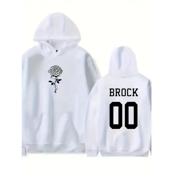 Moletom Masculino Preto Casual com Rosa Branca e Estampa de Letras "BROCK" - Ajuste Solto, Manga Longa