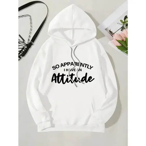 Moletom Unisex Casual com Impressão de Letra "Pelo Jeito Tenho uma Atitude", Manga Longa de Tecido de Malha Suor, Bolso