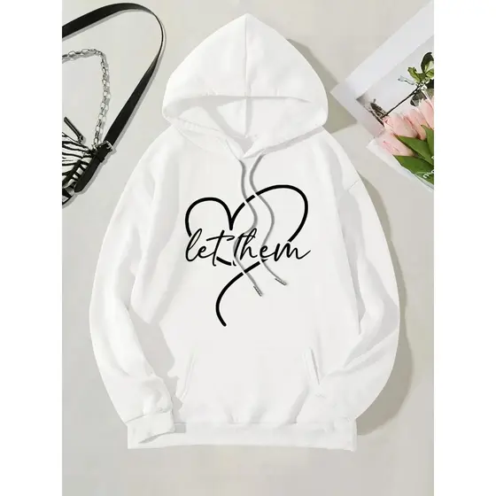 Moletom com capuz estampado gráfico ``Letthem´´ e cordão, blusa de moletom casual Unisex no inverno e outono