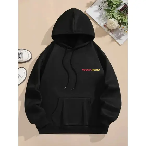 Moletom com capuz estampado gráfico ``Pocket Moner´´ e cordão, blusa de moletom casual Unisex no inverno e outono