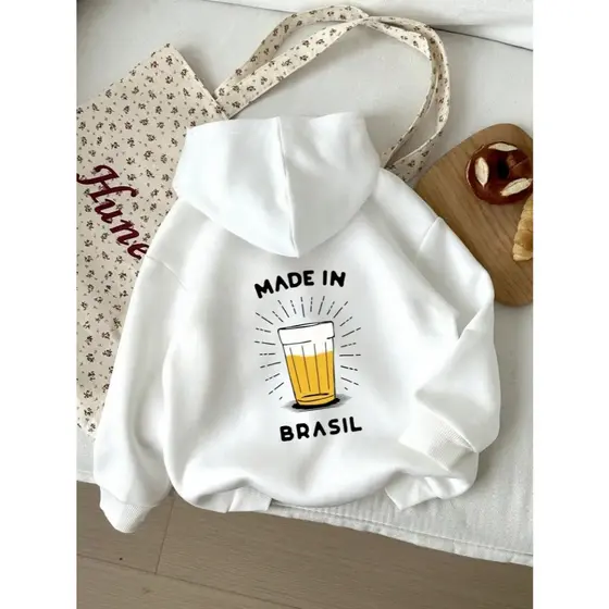 Moletom Unisex "Made In Brasil" com Estampa de Letras -Casual com Capuz e Cordão, Ajuste Relaxado para Primavera Verão O
