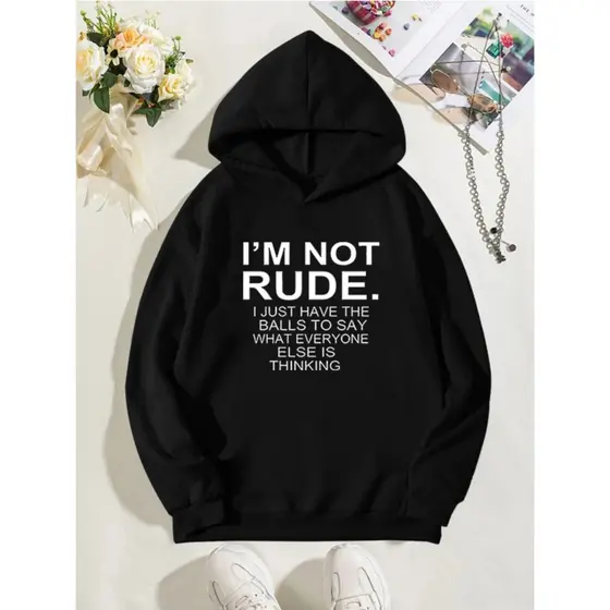 Moletom com capuz estampado gráfico ``I´m Not Rude´´ e cordão, blusa de moletom casual Unisex no inverno e outono
