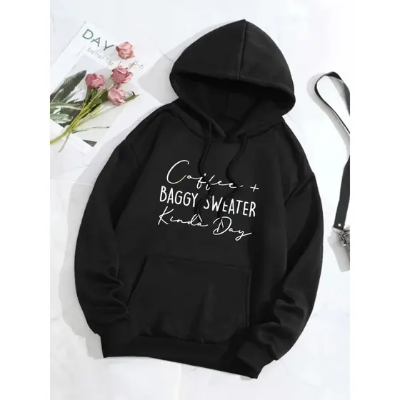 Moletom com capuz estampado gráfico ``Coffe+Baggy Sweater´´ e cordão, blusa de moletom casual Unisex no inverno e outono