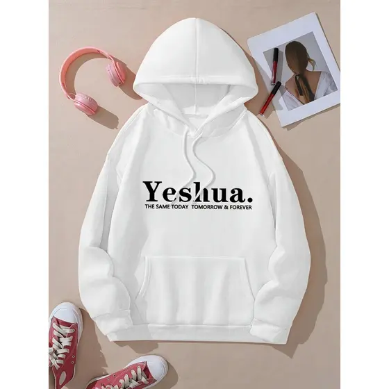 Moletom com capuz estampado gráfico ``Yeshua´´ e cordão, blusa de moletom casual Unisex no inverno e outono