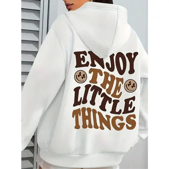 Moletom de Moda Unisex, Impressão de Letra "Aproveite as Coisas Pequenas", Pullover Tricotado com Capuz, Estilo Casual