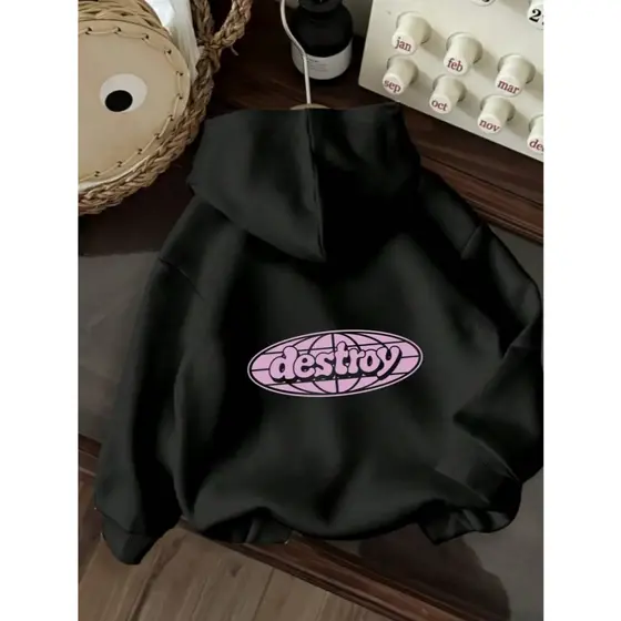 Moletom Unisex casual com capuz e estampa 'Destruction' - Suéter de manga comprida com cordão no pescoço, confortável pa
