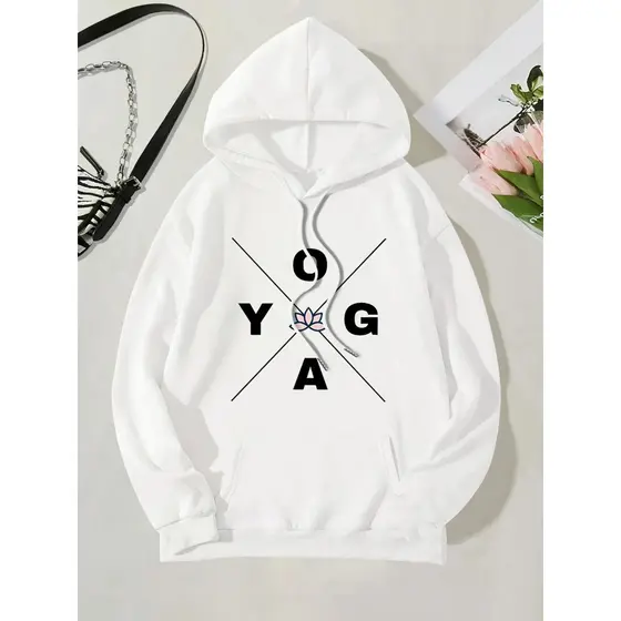 Moletom com capuz estampado gráfico ``Yoga´´ e cordão, blusa de moletom casual Unisex no inverno e outono