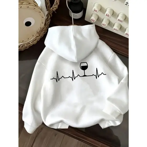 Moletom Unisex Minimalista Branco com Capuz - Ajuste Relaxado, Manga Longa com Estampa de Taça de Vinho & Batimento Card