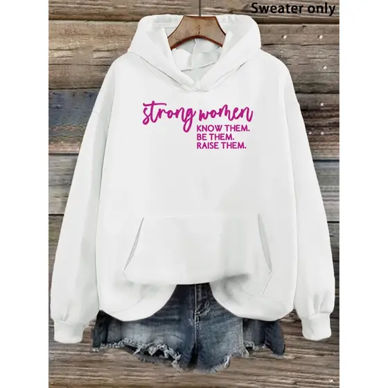 Moletom com capuz estampado gráfico ``Strong Woman´´ e cordão, blusa de moletom casual Unisex no inverno e outono