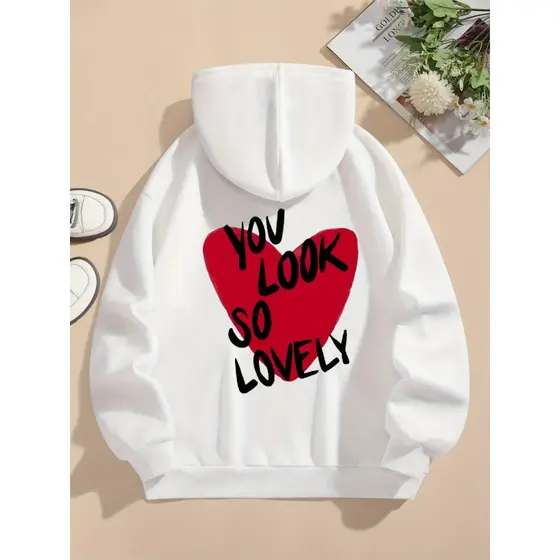 Moletom com capuz estampado gráfico ``You Look So Lovely´´ e cordão, blusa de moletom casual Unisex no inverno e outono