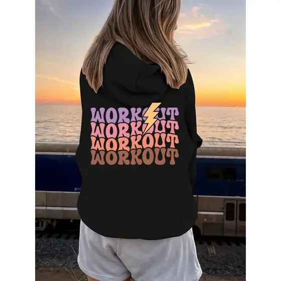 Moletom com Capuz Unisex "Workout" com Estampa Gráfica – Moletom Casual Preto de Poliéster com Letras Brancas, Cordão